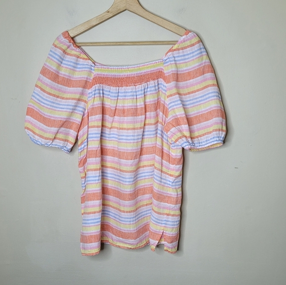 Talbots 100% Linen Palm Stripe Top Sz L Smocked Square Neck Short Sleeve Preppy - Picture 2 of 7